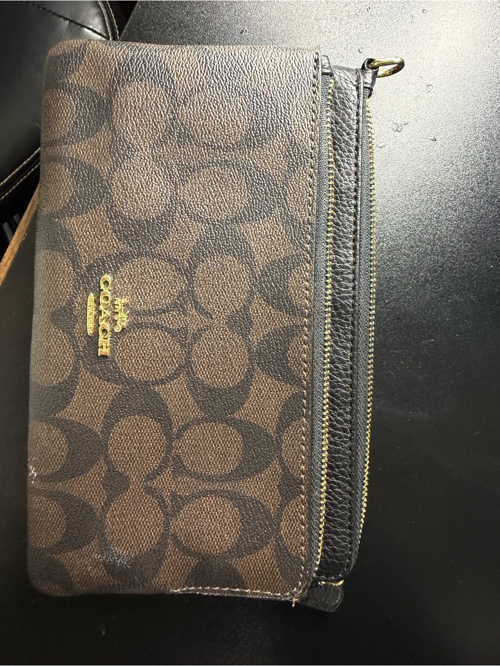 Coach Brown Signature Canvas Zip Wristlet with Gold Hardware